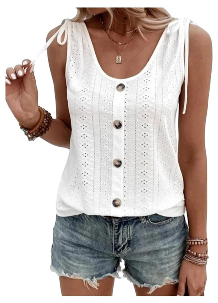 Women's - Loose Waistcoat - Single-Coloured Round Neck with Drawstring and Button Details - Stylish Comfort