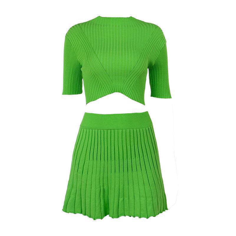 Ribbed crop top with matching pleated skirt