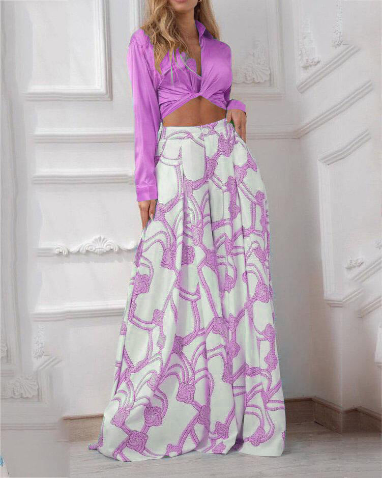 Women's - Two-Piece Set - Printed Lapel Collar Shirt with Long Sleeves & Wide Trousers - Stylish Outfit