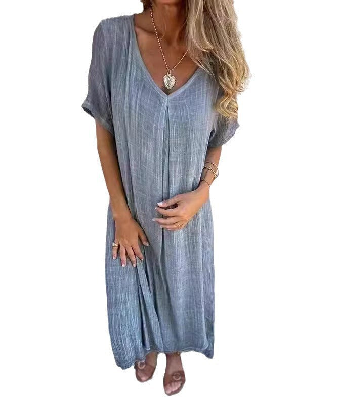 Women's - Casual Dress - Cotton Linen Short Sleeve V-Neck - Stylish Summer Essential