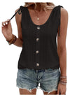 Women's - Loose Waistcoat - Single-Coloured Round Neck with Drawstring and Button Details - Stylish Comfort