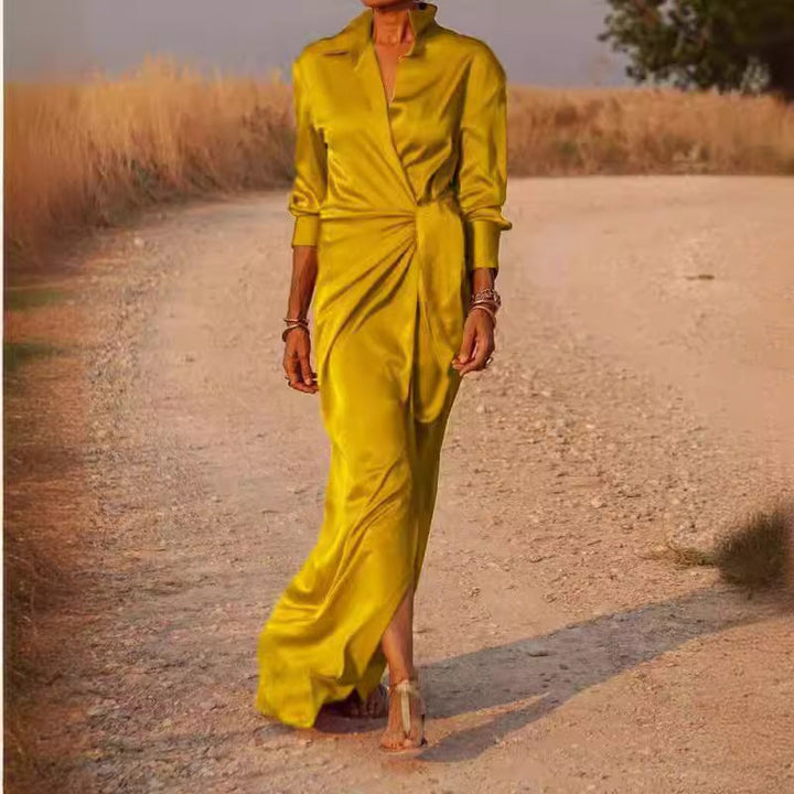 Women's - High-Waisted Floor Length Dress - Elegant Design with Open Slit - Perfect for Special Occasions