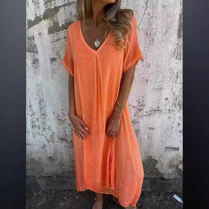 Women's - Casual Dress - Cotton Linen Short Sleeve V-Neck - Stylish Summer Essential