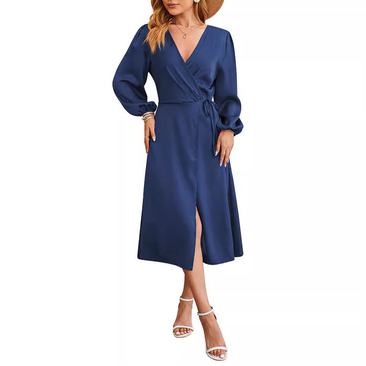 Women's - V-neck Satin Dress with Slit Hem - Stylish and Plain - Perfect for Any Occasion