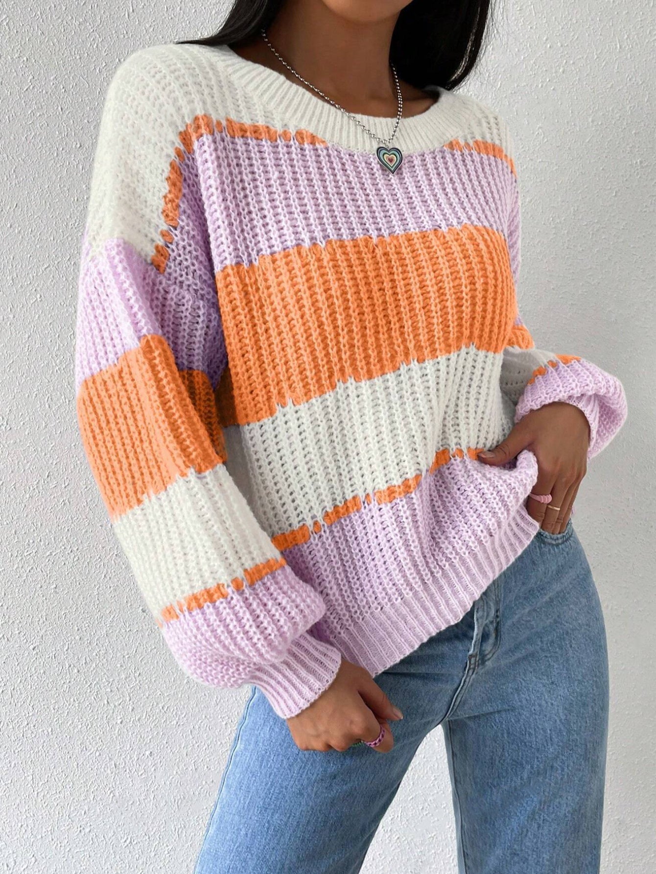 Women's - Long Sleeves Knit Striped Jumper - Crew Neck