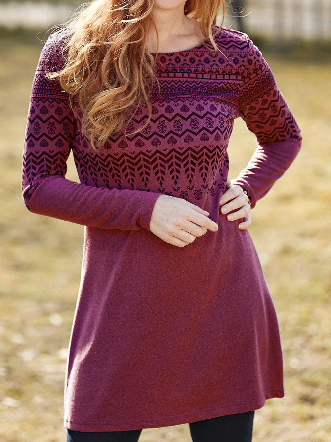 Women's - Long Sleeve Ethnic Print Dress - Brushed Fabric