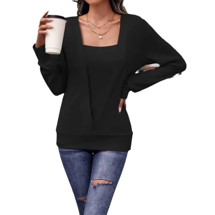 Women's - Solid Colour Square Neck Sweater - Loose Long Sleeve Sweatshirt Tee - Cosy Casual Style