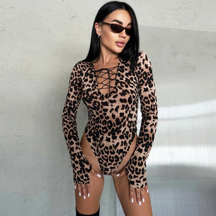 Women's - Leopard Print Long Sleeve Jumpsuit - Lace-Up V-Neck Design for Effortless Style