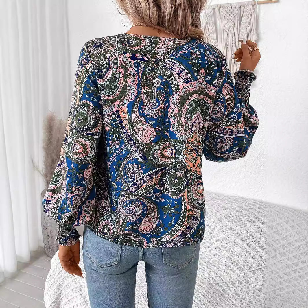 Women's - V-Neck Printed Blouse with Lantern Sleeves - Stylish and Comfortable Shirt for Every Occasion