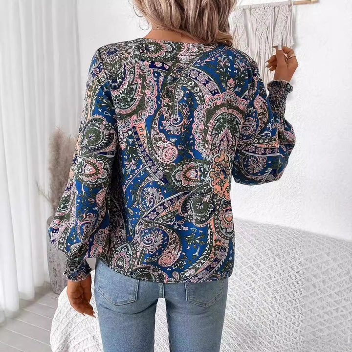 Women's - V-Neck Printed Blouse with Lantern Sleeves - Stylish and Comfortable Shirt for Every Occasion