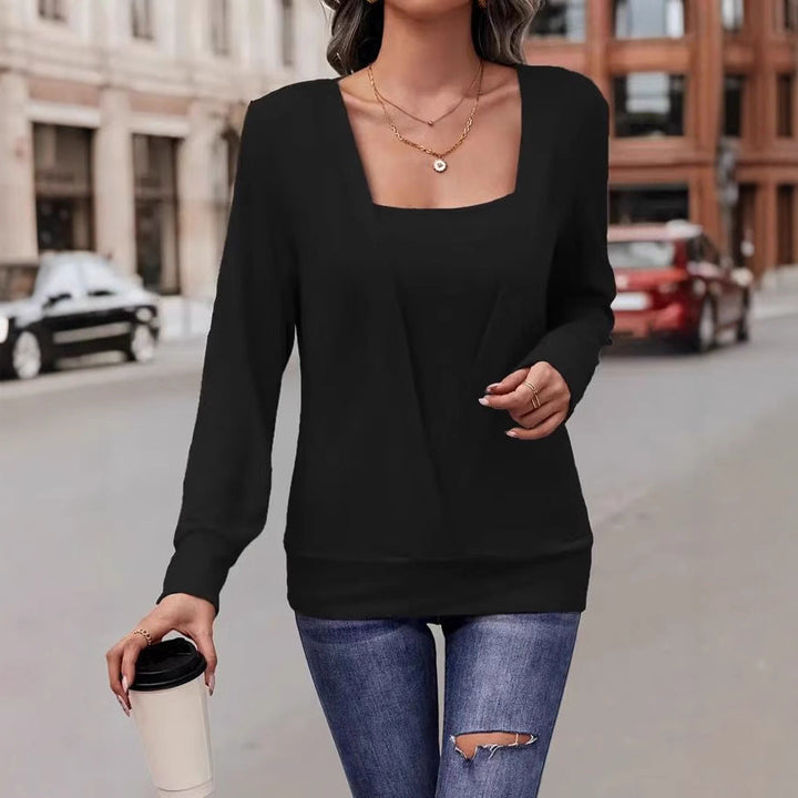 Women's - Solid Colour Square Neck Sweater - Loose Long Sleeve Sweatshirt Tee - Cosy Casual Style