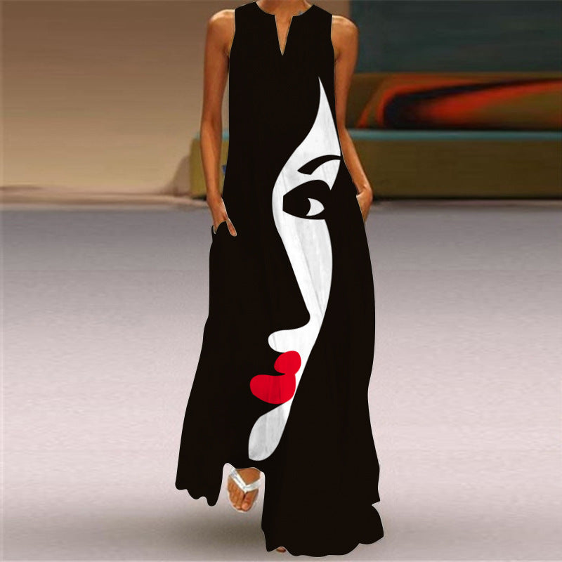 Timeless printed sleeveless long dress with V-neckline