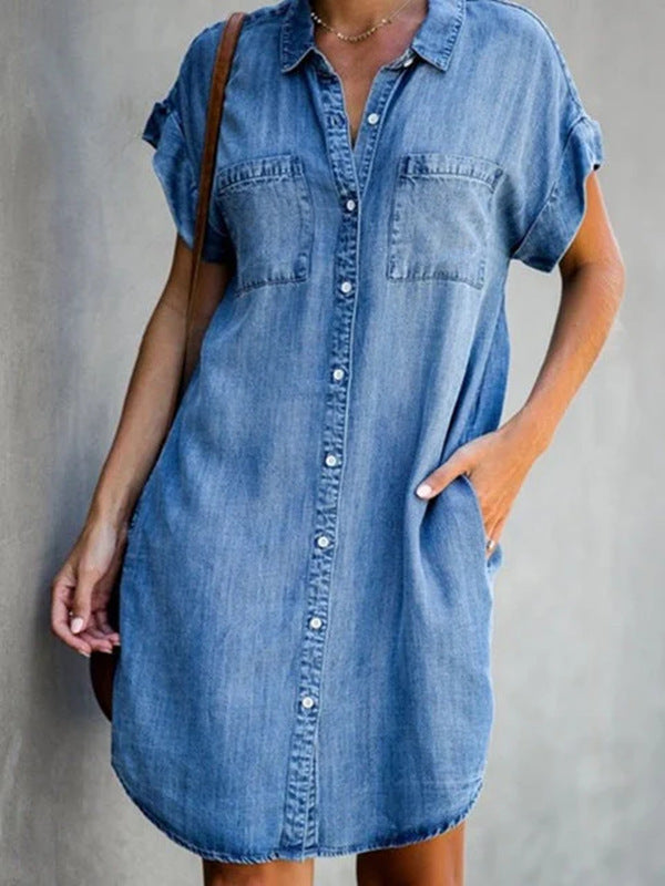 Mid-length dress in plain-coloured denim