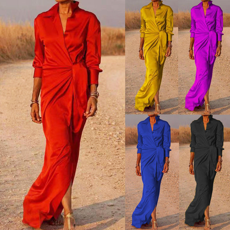 Women's - High-Waisted Floor Length Dress - Elegant Design with Open Slit - Perfect for Special Occasions
