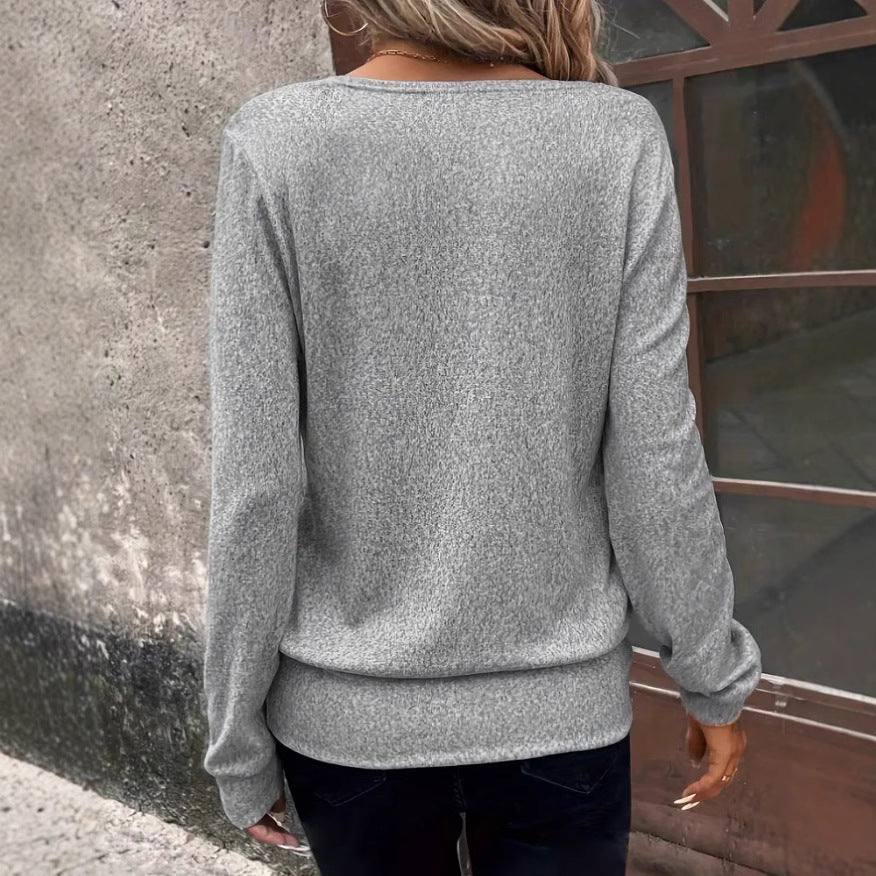 Women's - Solid Colour Square Neck Sweater - Loose Long Sleeve Sweatshirt Tee - Cosy Casual Style