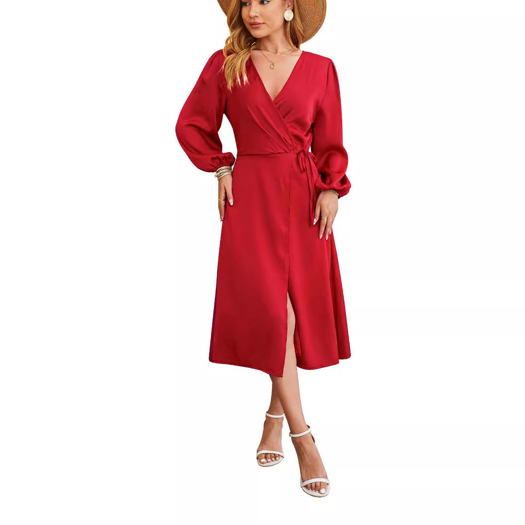 Women's - V-neck Satin Dress with Slit Hem - Stylish and Plain - Perfect for Any Occasion
