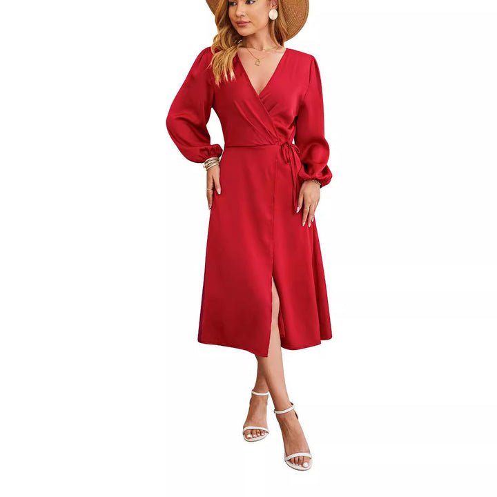 Women's - V-neck Satin Dress with Slit Hem - Stylish and Plain - Perfect for Any Occasion