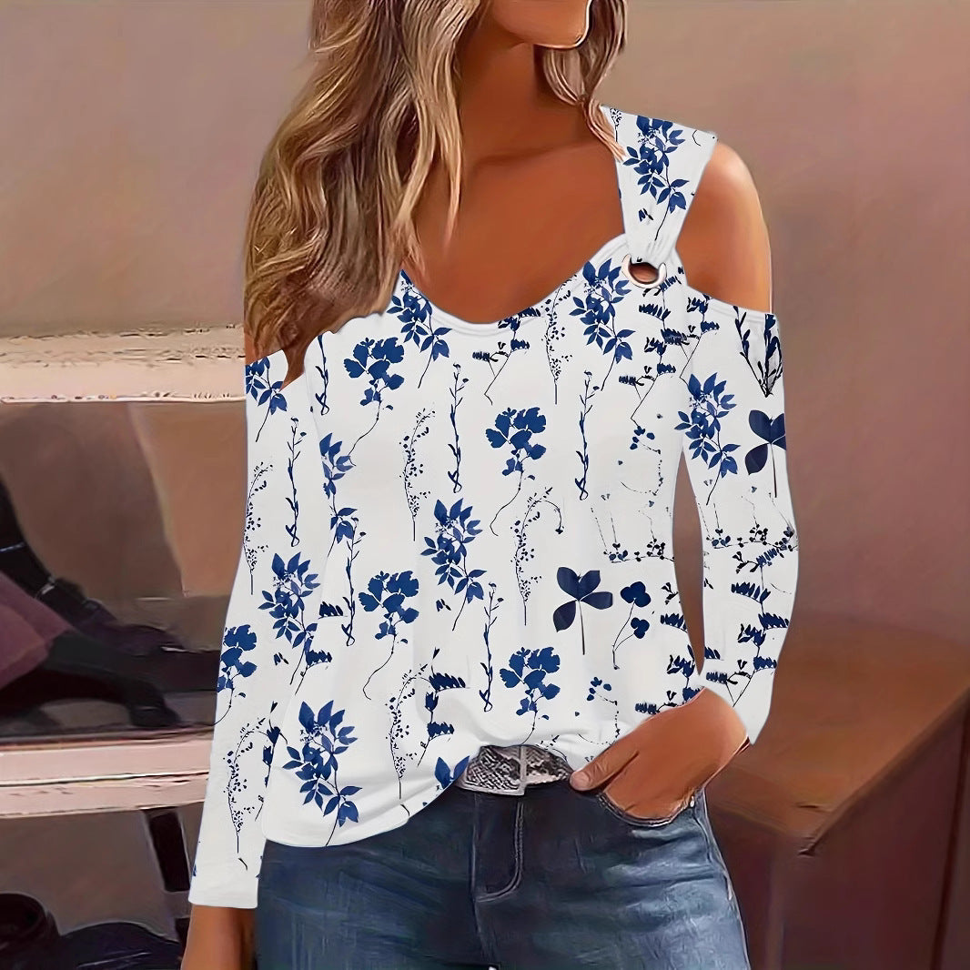 Women's - Floral Pattern V-Neck Off-Shoulder Top - Metal Buckle - Stylish Women's Fashion - Perfect for Summer Outings