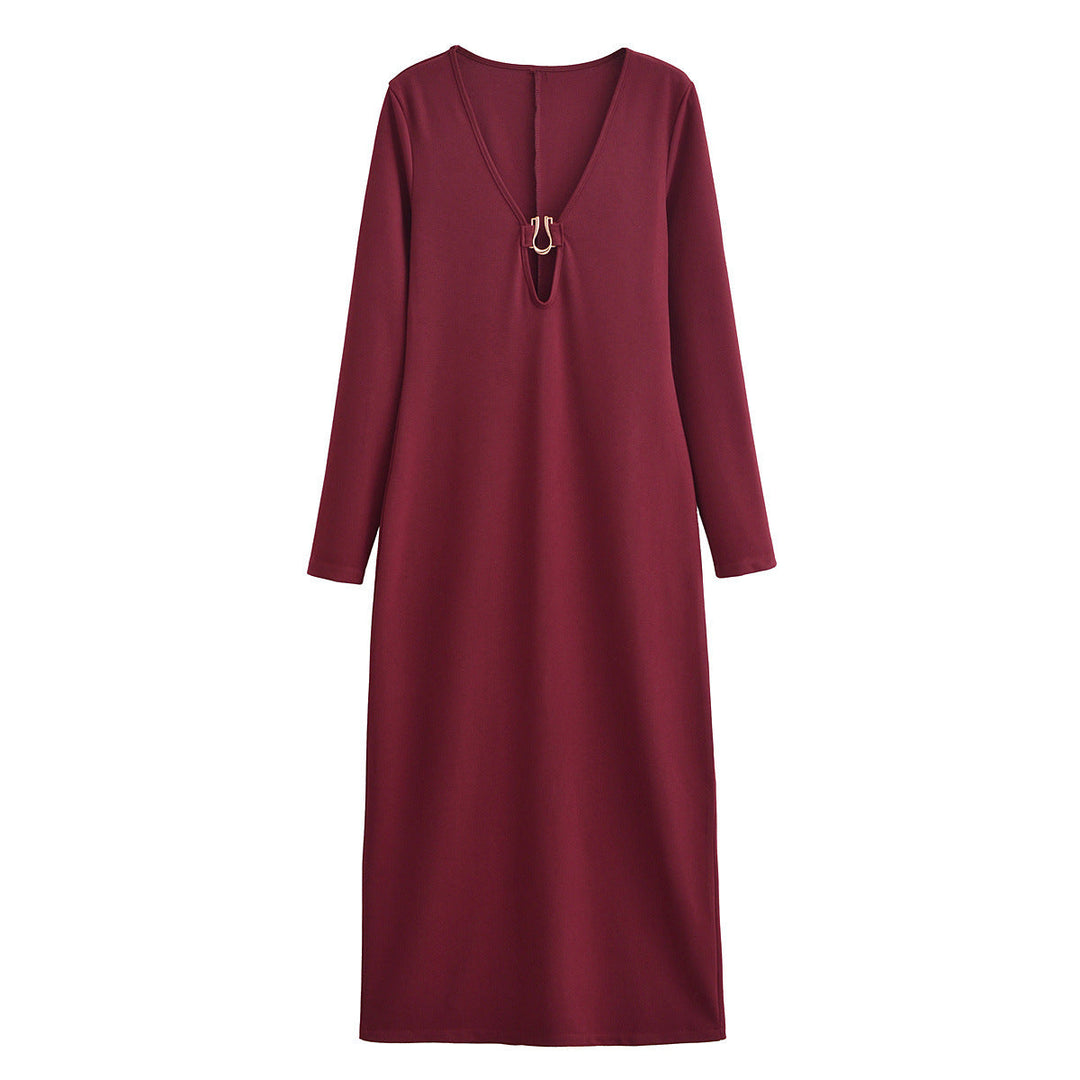 Women's - Metal Inlaid Long Sleeve Knitted Dress - Elegant Style for Any Occasion - Perfect for Layering