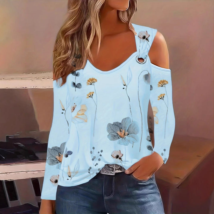 Women's - Floral Pattern V-Neck Off-Shoulder Top - Metal Buckle - Stylish Women's Fashion - Perfect for Summer Outings