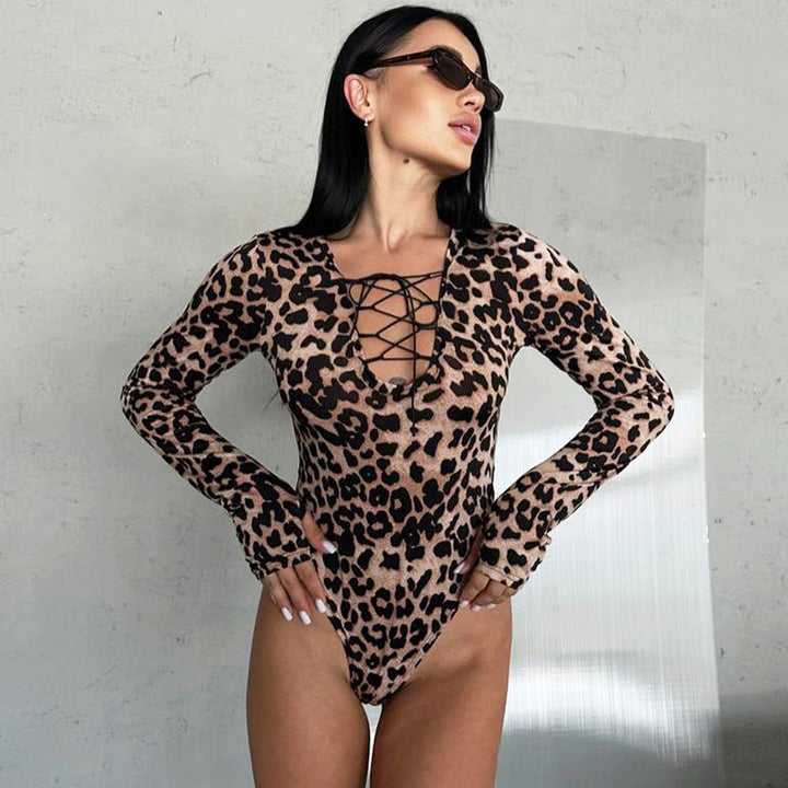 Women's - Leopard Print Long Sleeve Jumpsuit - Lace-Up V-Neck Design for Effortless Style
