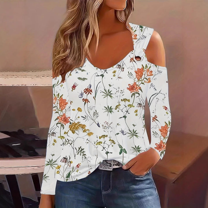 Women's - Floral Pattern V-Neck Off-Shoulder Top - Metal Buckle - Stylish Women's Fashion - Perfect for Summer Outings