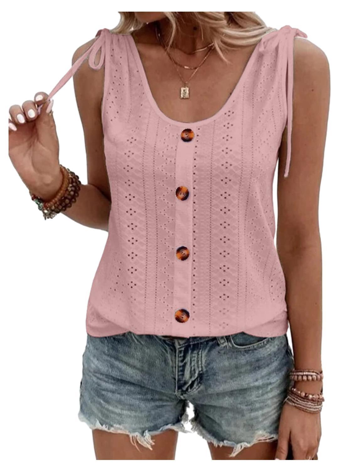Women's - Loose Waistcoat - Single-Coloured Round Neck with Drawstring and Button Details - Stylish Comfort