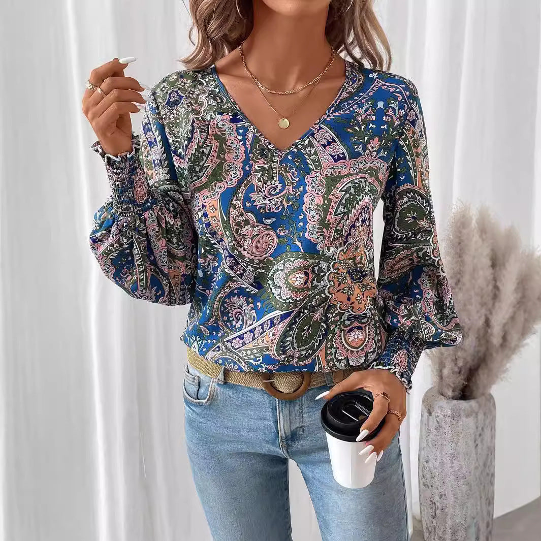 Women's - V-Neck Printed Blouse with Lantern Sleeves - Stylish and Comfortable Shirt for Every Occasion