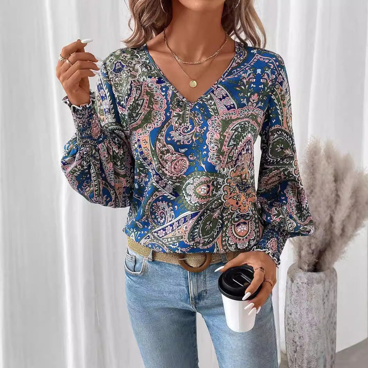 Women's - V-Neck Printed Blouse with Lantern Sleeves - Stylish and Comfortable Shirt for Every Occasion