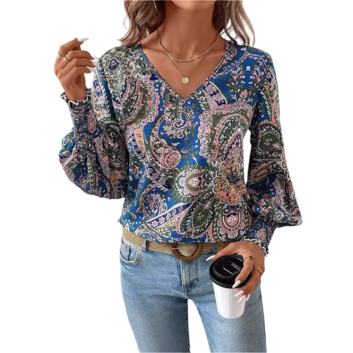 Women's - V-Neck Printed Blouse with Lantern Sleeves - Stylish and Comfortable Shirt for Every Occasion
