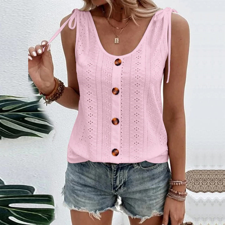 Women's - Loose Waistcoat - Single-Coloured Round Neck with Drawstring and Button Details - Stylish Comfort