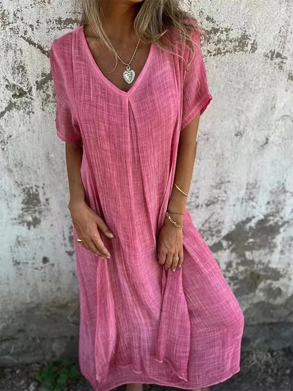 Women's - Casual Dress - Cotton Linen Short Sleeve V-Neck - Stylish Summer Essential