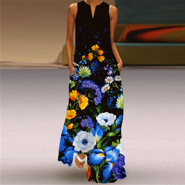 Timeless printed sleeveless long dress with V-neckline