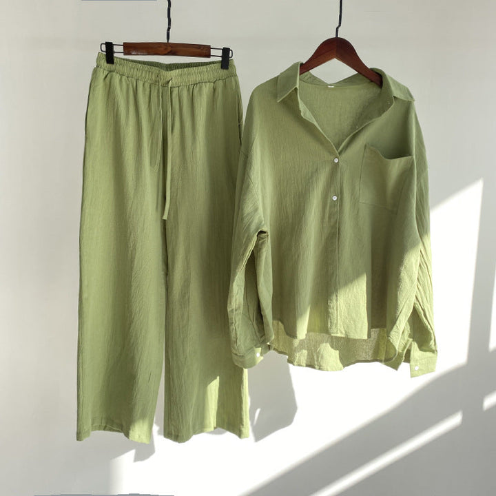 Cotton linen shirt and high-waisted trousers in a set