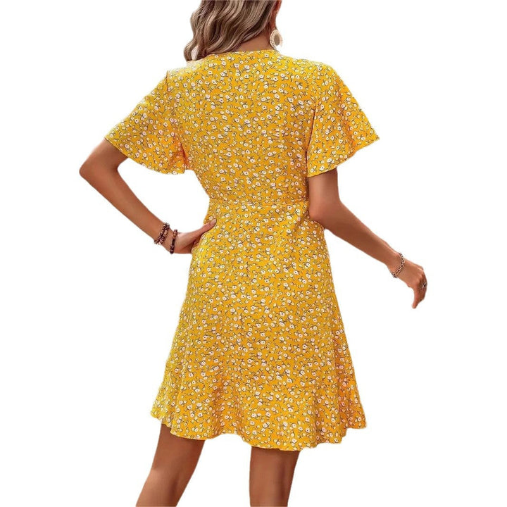 Women's - Floral Wrap-Tie V-Neck Short Sleeve Dress - Chic Short Skirt Style for Effortless Summer Elegance