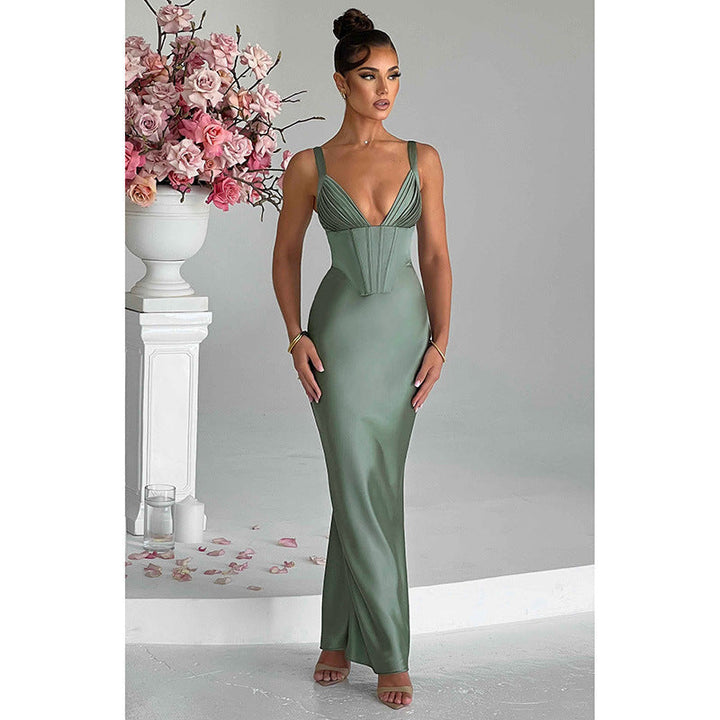 Trendy Elegant Deep V Satin Slim Strap Dress