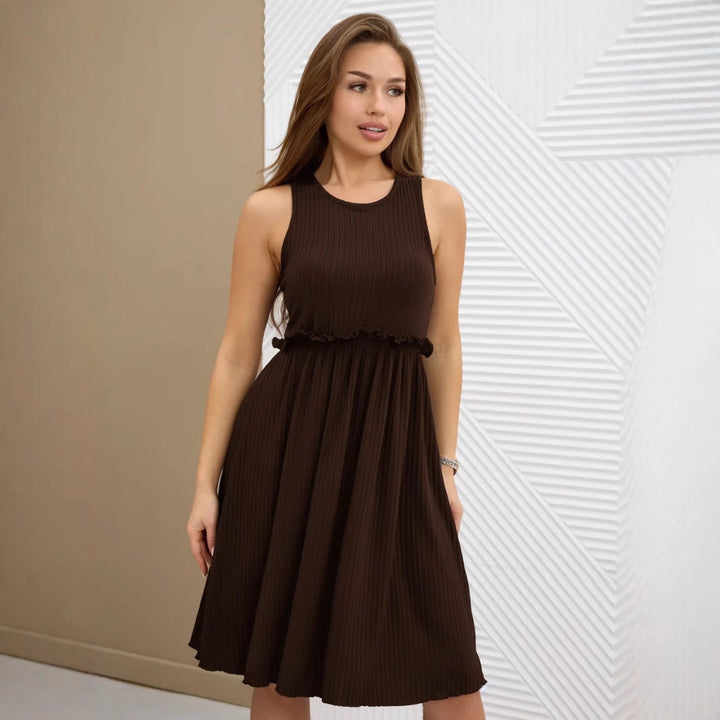 Women's - Sleeveless Ribbed A-Line Midi Dress – High Neck Cotton Blend Casual Dress