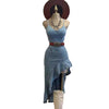 Women's - Denim Split Dress - Ruffle Hem & Trendy Style - Ideal for Casual Outings