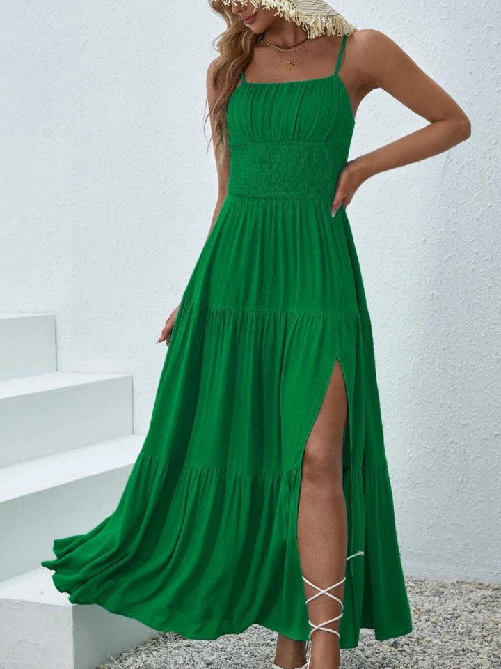 Women's - Thigh Split Spaghetti Strap Solid Colour Dress - Elegant Style - Perfect for Any Occasion