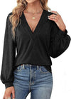 Women's - V-neck Casual Long-Sleeved Shirt - Comfortable Cotton Blend - Perfect for Everyday Wear