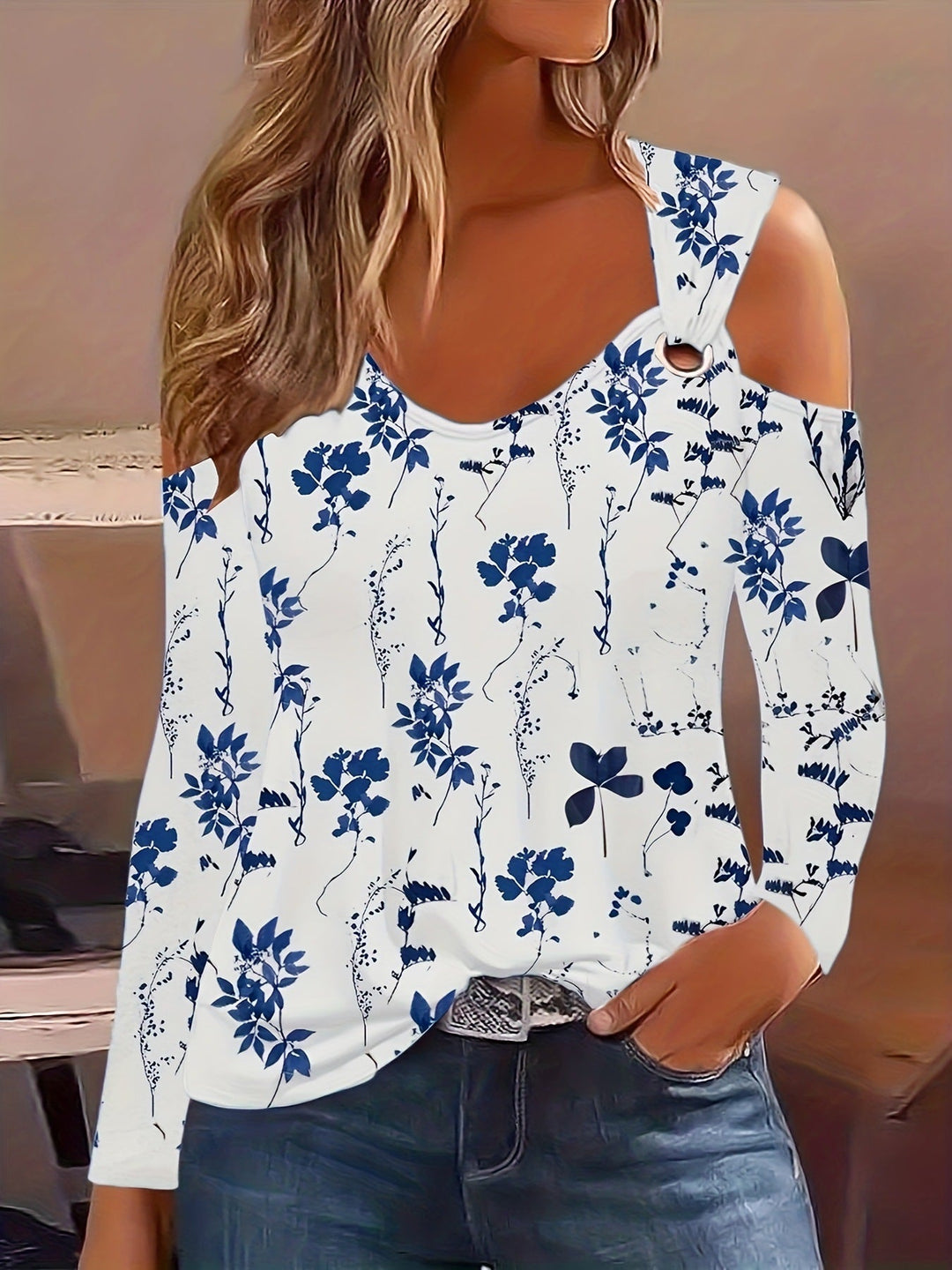 Women's - Floral Pattern V-Neck Off-Shoulder Top - Metal Buckle - Stylish Women's Fashion - Perfect for Summer Outings