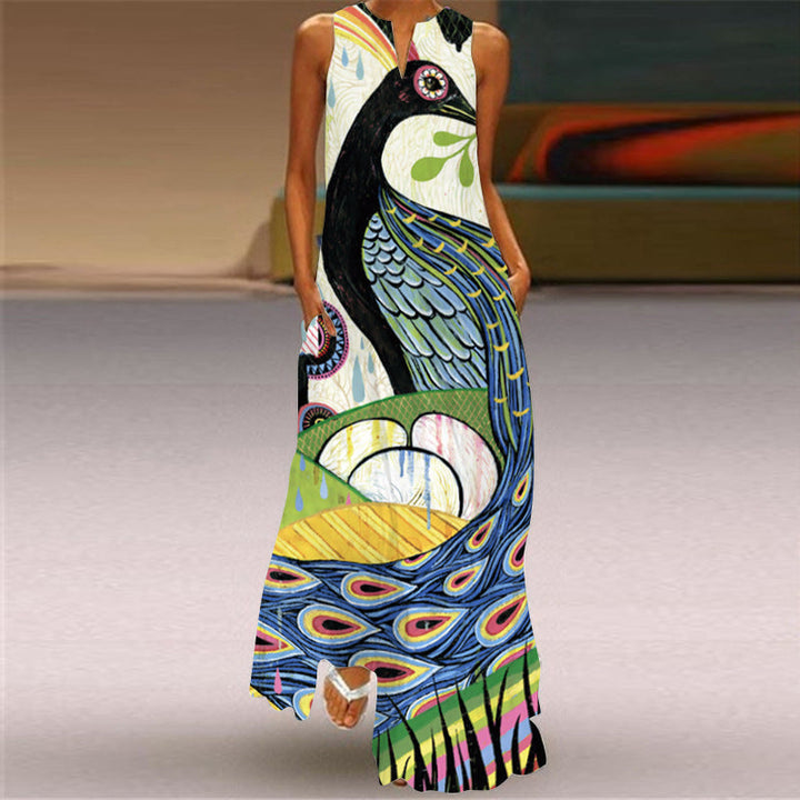 Timeless printed sleeveless long dress with V-neckline