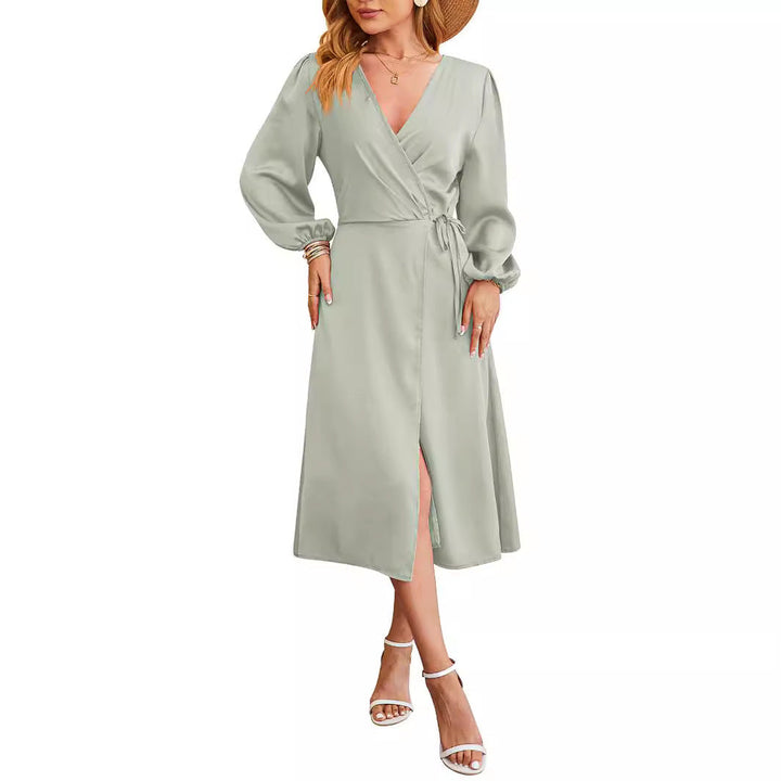 Women's - V-neck Satin Dress with Slit Hem - Stylish and Plain - Perfect for Any Occasion