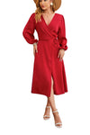 Women's - V-neck Satin Dress with Slit Hem - Stylish and Plain - Perfect for Any Occasion