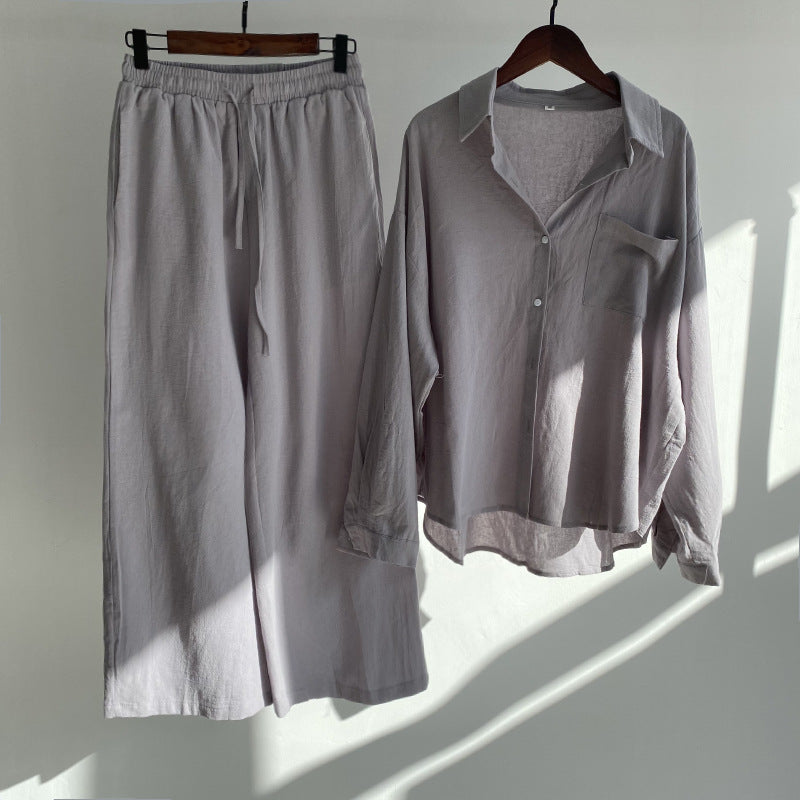 Cotton linen shirt and high-waisted trousers in a set