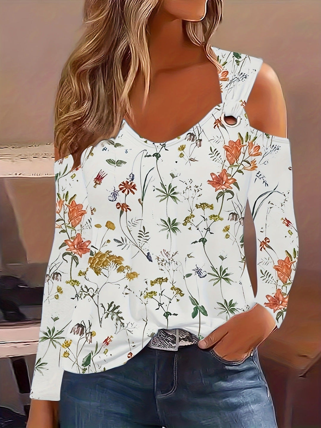 Women's - Floral Pattern V-Neck Off-Shoulder Top - Metal Buckle - Stylish Women's Fashion - Perfect for Summer Outings