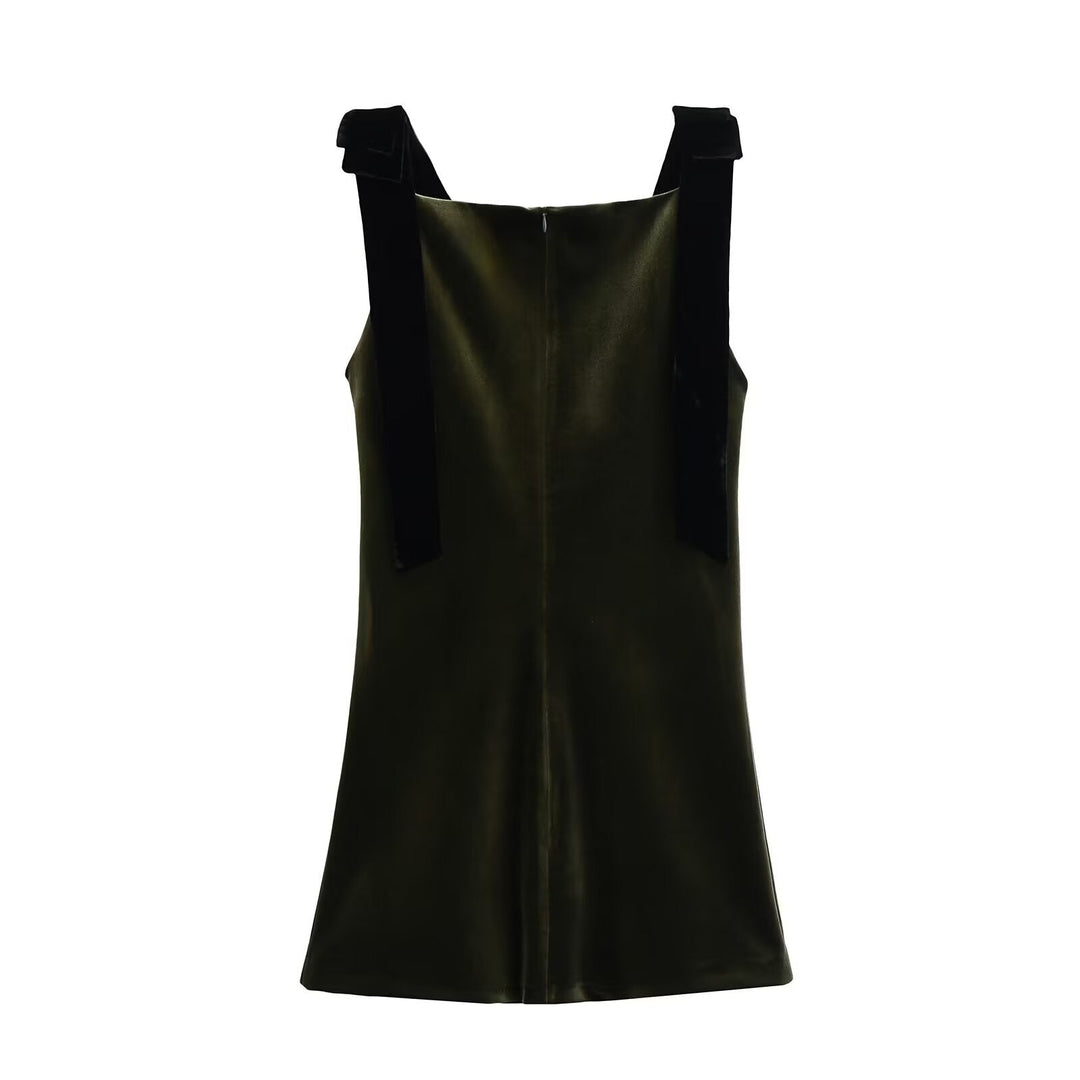 Women's - Short Dress - Velvet Strap with Bow Decoration - Elegant and Stylish Outfit for Any Occasion