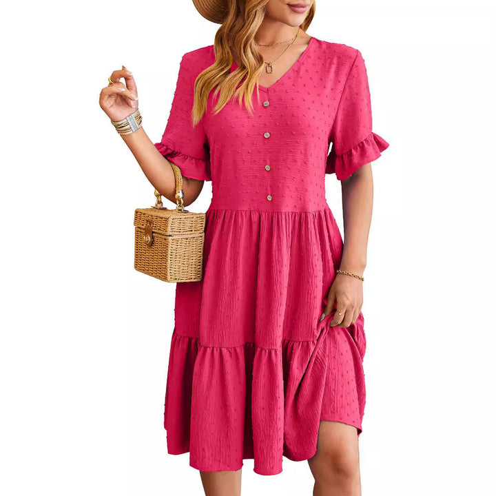 Women's - V-neck Jacquard Waist Pleated Dress - Elegant Style for Any Occasion - Perfect for Your Wardrobe