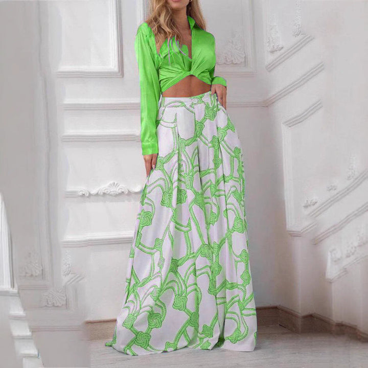 Women's - Two-Piece Set - Printed Lapel Collar Shirt with Long Sleeves & Wide Trousers - Stylish Outfit