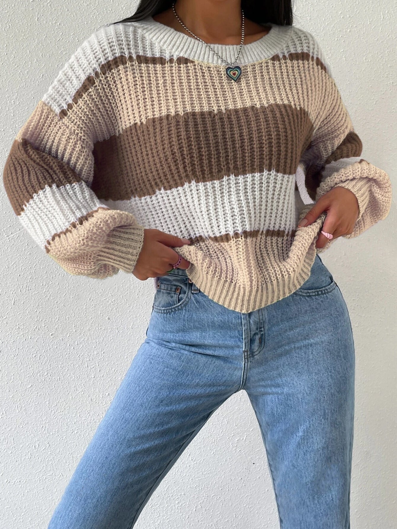 Women's - Long Sleeves Knit Striped Jumper - Crew Neck